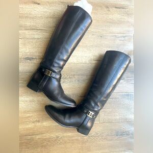 Tory Burch Alessandra Tall Black Leather Riding Boots Gold Buckle Logo Size 7.5